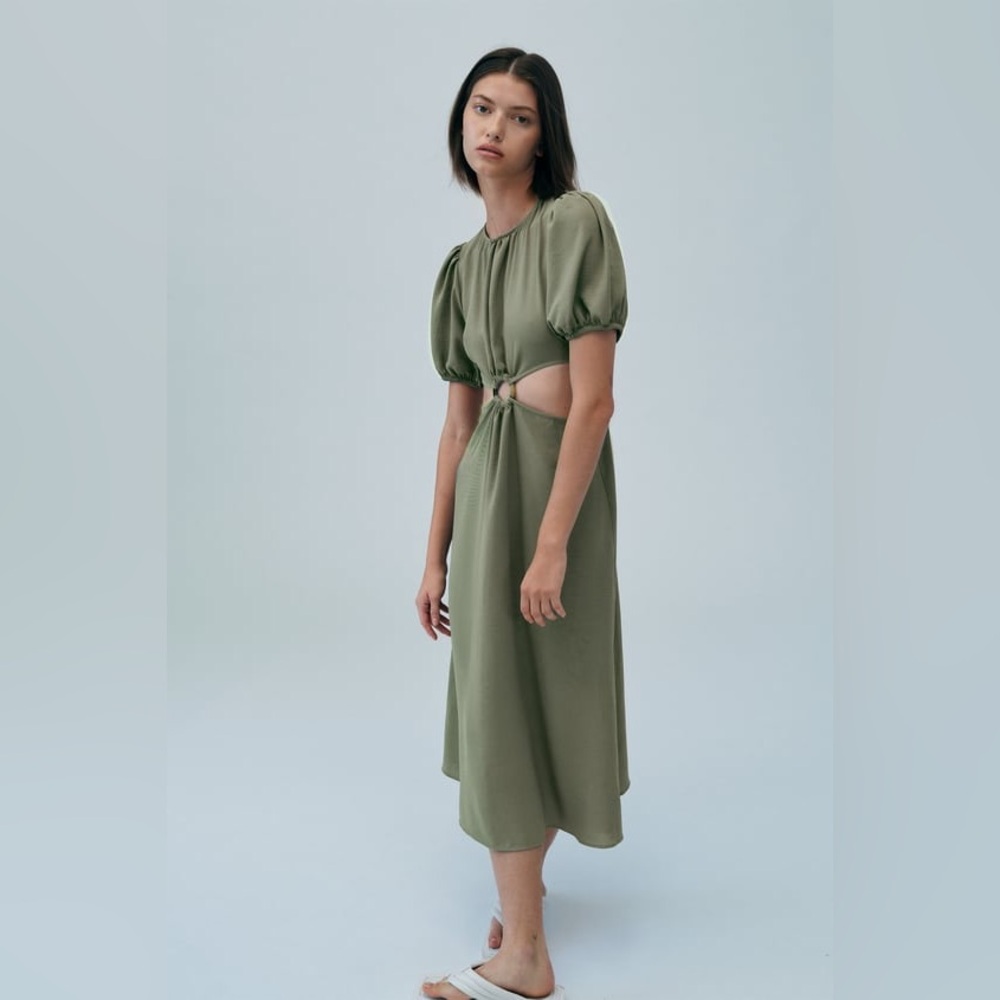 Zara Cut Out Midi Dress with Puff Sleeves